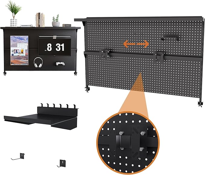 KEIKI Metal Pegboard Desk Organizer with Dual Monitor Stand, 59" x 35" Large Desk Peg Board with Hooks & Movable Panel, Office Organization and Storage Shelf for Gaming or Workstation Setup, Black