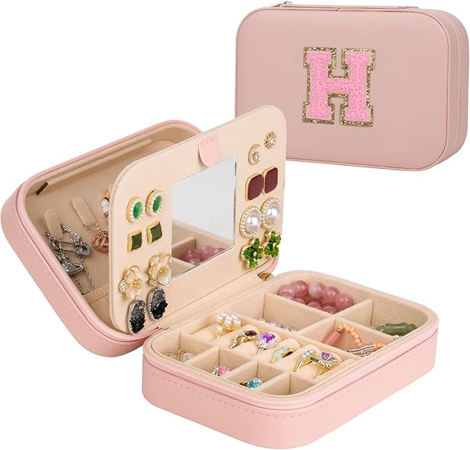 TopPerfekt Travel Jewelry Case, Jewelry Box with Mirror, Jewelry Organizer Bridal Shower Gifts to Her, Earring Storage Travel Case, Trendy Gift for Women and Girls, Girlfriend-Letter H, Pink