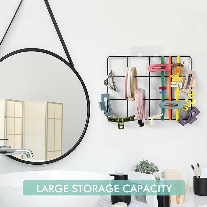 Adhesive Claw Clip Holder - Metal Grid Construction Wall Hanging Display Organizer for Pins Hairbands Headbands Hair Accessories Hanger for Women Girls Closet Vanity Room Bedside Storage (1, Black)