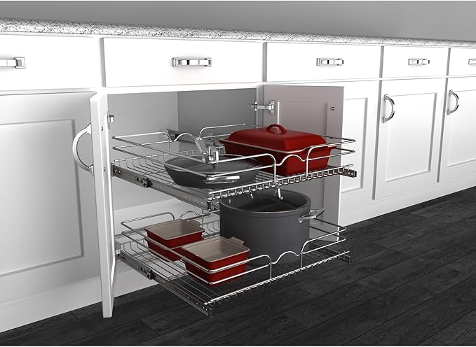 Rev-A-Shelf 2-Tier Kitchen Cabinet Pullout Shelf and Drawer Organizer Slide Out Pantry Storage Basket in Multiple Sizes, 24 x 22 In, 5WB2-2422-CR-1
