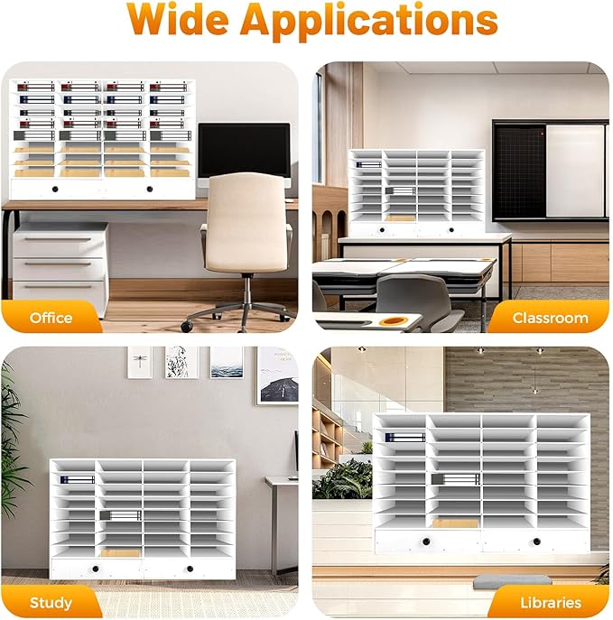 Adjustable Literature Organizer, 32 Compartments Mail Sorter Organizer with 2 Drawers, PVC Desktop File Sorter, Classroom Mailbox Office Mailbox Cubbies for Office, Home, Study Room White