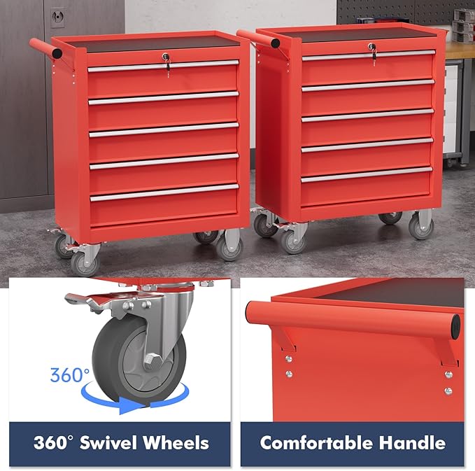 5-Drawer Tool Chest,Rolling Tool Cart with Wheels,High Capacity Tool Cabinet with Locking System for Garage, Warehouse, Workshop-Red