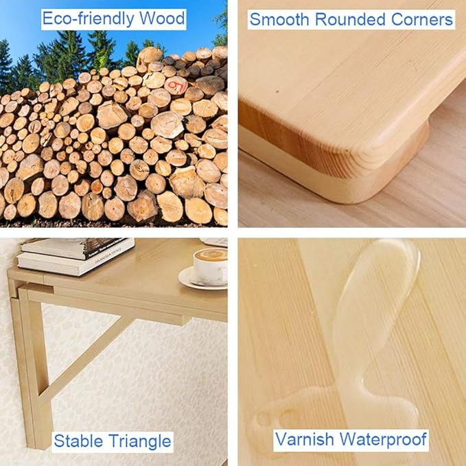 MM MELISEN Wood Folding Desk - Natural 29.5x19.6 Inch Wall Mount Fold-Down Table for Small Spaces. Perfect as a Kitchen prep spot, Craft Station, or Bedroom Desk. Easy Install, Sturdy, Folds Away