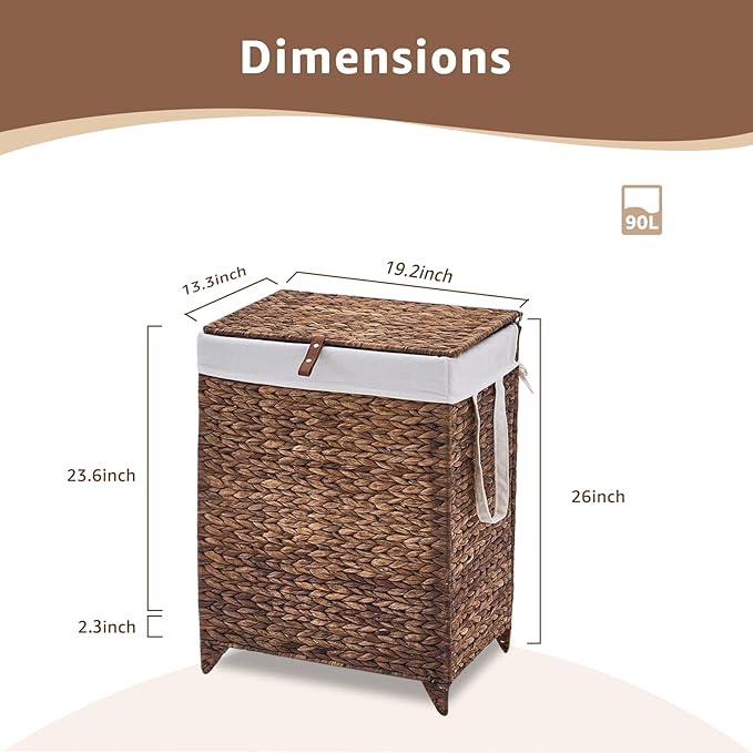 Laundry Hamper with Lid and Removable Liner Bag, Handwoven Natural Hyacinth Clothes Hamper with Heightened Feet, Wicker Laundry Basket for Clothes and Towels，Middle
