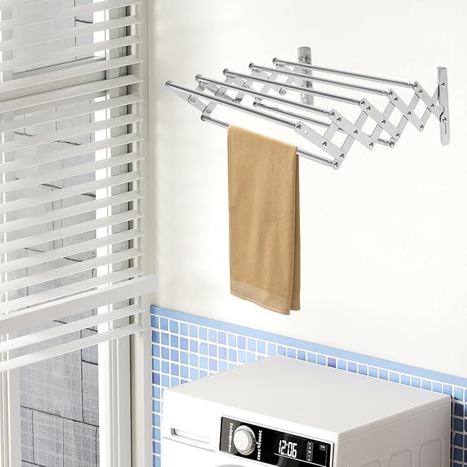 Wall Mounted Laundry Drying Rack, Retractable Clothes Drying Rack with Stable Base, Stretching Back, Forth, Left, Right, Folding Clothing Collapsible for Clothes Hanging