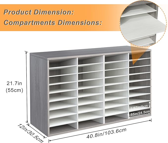 TQVAI Literature Organizer, Heavy Duty 36 Compartments Countertop Mail Organizer with Adjustable Shelves, Wooden Desk Paper Storage Organizer, Mailboxes Cubbies for Office, Classroom, Retro Grey/White