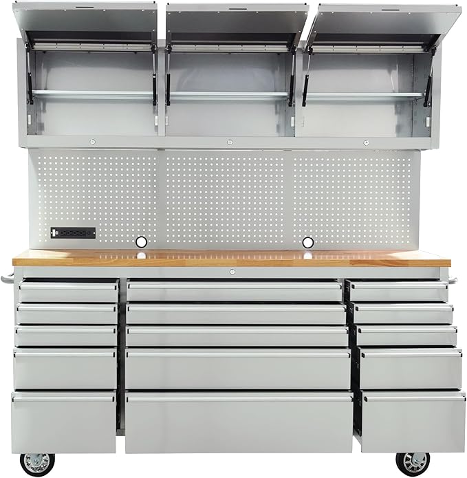 CT Copper Tailor 72-inch Rolling Tool Chest with Integrated Power Strip,15 Drawers and Wheels, Garage Workbench with Storage, 3 Upper Cabinets, Pegboard in Stainless Steel