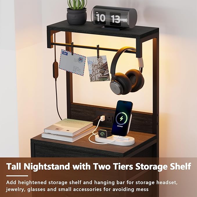 Furnulem Night Stand Set 2, Tall Nightstand with Charging Station and LED Lights, Bedside Tables with 4 Fabric Drawers and Storage Shelves, Black Nightstand Set of 2 for Bedroom (Black Oak)