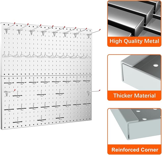 TORACK Metal Pegboard Wall Tool Organizer 24" x 24" or 12" x 48", 70 PCS Tools Storage Pegboard for Garage Peg Board Tool Organizer Board with Hooks for Workbench(Grey)