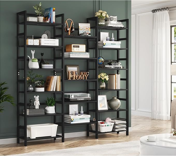 Homykic Bamboo Triple Wide Bookshelves and Bookcases, 6-Tier Shallow Open Bookcase with 17 Display Shelves, 6ft Super Large Freestanding Book Shelf for Home Office, Bedroom, Living Room, Dark Black