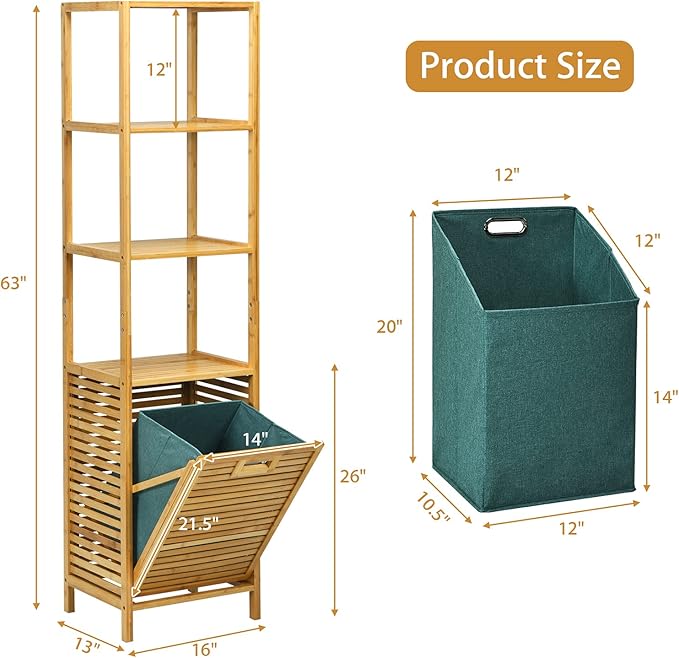 Giantex 63'' Tilt Out Laundry Hamper and 4-Tier Storage Shelves, Removable Clothes Basket with Easy Carry, Bamboo Tower Hamper Organizer, Great for Bathroom, Bedroom, Laundry Room, Closet, Nursery