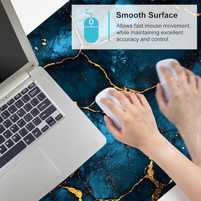 Blue Marble Gold Vein Mouse Pad – Large Extended Desk Mat 35.43 x 15.75 in – Elegant Navy Ink Texture with Metallic Cracks, Keyboard & Mouse Pad for Office & Gaming