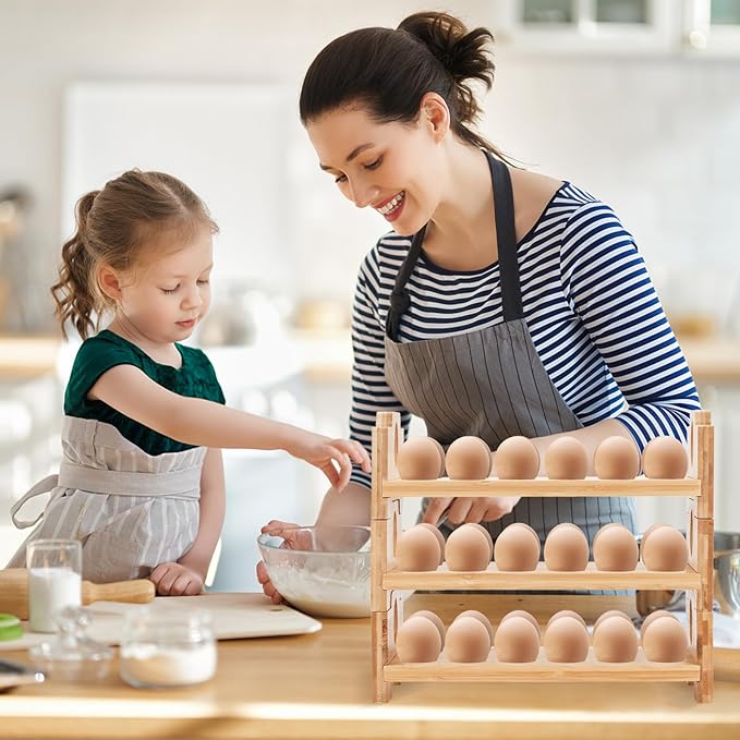3-Tier Wooden Egg Holder - Egg Basket For Gathering Fresh Eggs, Layer Egg Tray Holder Countertop For 12 Eggs,Tier Egg Organizer For Farmhouse Kitchen Refrigerator Fits Duck, Turkey, Chicken Eggs