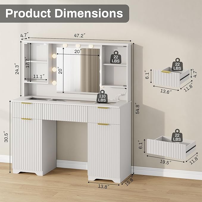 ONME 47.2" Fluted Vanity Desk with Mirror and Lights, Big Vanity with 5 Large Drawers and Adjustable Shelves, Makeup Vanity Table with Glass Top and Charging Station for Women and Girls Bedroom