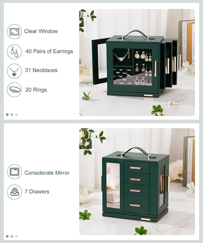 Homde Christmas Gifts Jewelry Box 360° Rotating, Necklace Earring Organizer with Transparent Window, Mirror, 7 Drawers, Large Ring Display Storage Case for Girls Women (Forest Green)