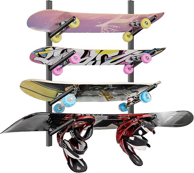 Skateboard Rack Wall Mount – Skateboard Wall Hanger, Snowboard Display Wall Mount, Ski Holder | 4-Floor Skateboard & Ski & Snowboard Storage Rack | Snowboard & Ski Lover Gifts