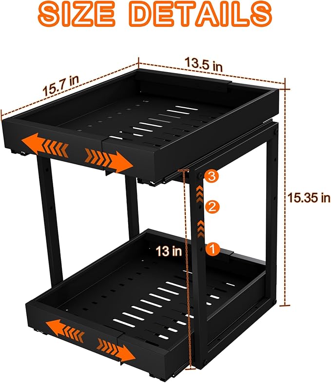Golener 2-Tier Expandable Pull Out Cabinet Organizer - Pull-Out Drawers for Kitchen Cabinets, 2 Slide Home Storage Organizers, Slide Out Shelves for Base Cabinet Organization in Kitchen, Black Metal