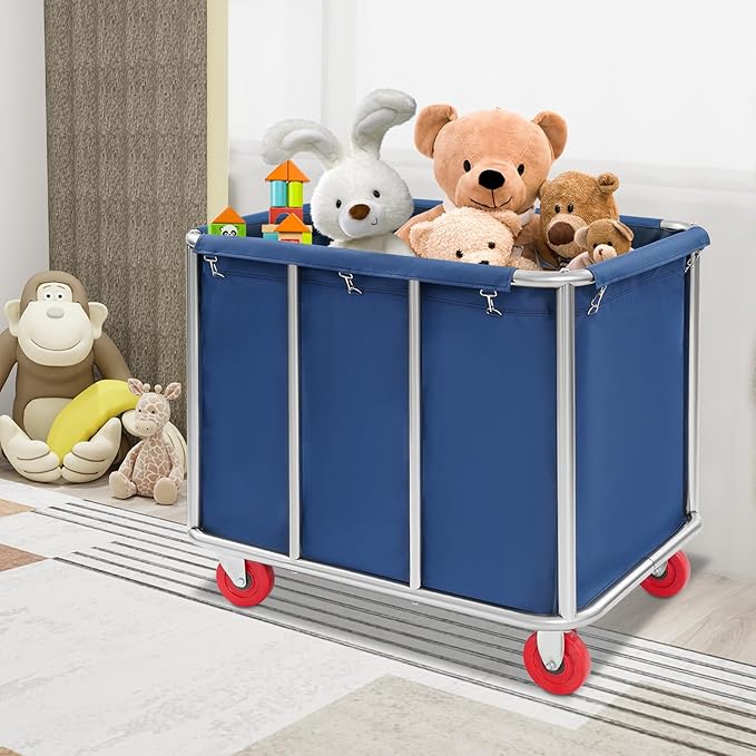 Commercial Laundry Cart with Wheels,Laundry Hamper Cart,Heavy Duty Rolling Laundry Basket with Large Capacity,Laundry Sorter Trolley for Home Hotel Apartment (Blue, 35.43 * 25.6 * 31.5in)