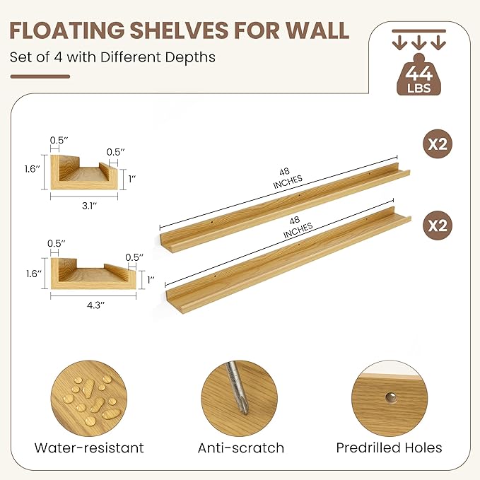 Fun Memories Picture Ledge Shelf, Floating Shelves Set of 4, 48 Inch Picture Shelves for Wall with Ledge, Large Nursery Book Shelf for Toys Storage, Living Room, Bedroom Decor Frames, Oak
