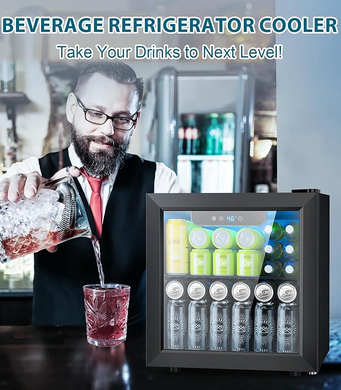 50 Cans Beverage Refrigerator Cooler, 1.3 Cu.ft Mini Fridge Countertop Drink Cooler with Glass Door for Beer, Soda,Wine, Adjustable Digital Temperature Control for Home Dorm Bar, Black
