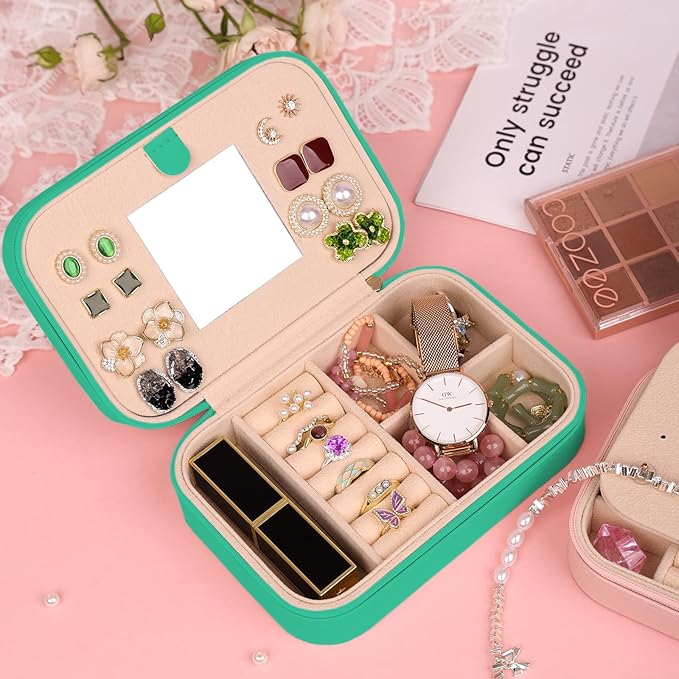 TopPerfekt Travel Jewelry Case, Jewelry Box with Mirror, Jewelry Organizer Bridal Shower Gifts to Her, Earring Storage Travel Case, Trendy Gift for Women and Girls, Girlfriend-Letter K, Green