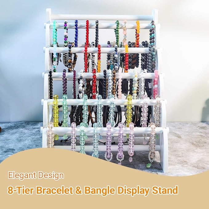 Wooden Bracelet Holder 8 Tier Jewelry Bracelet Display Stand, Portable Organizer for 150-240 Bangles & Scrunchies - for Vendors,Retail Stores, Craft Shows, and Home Storage (white)