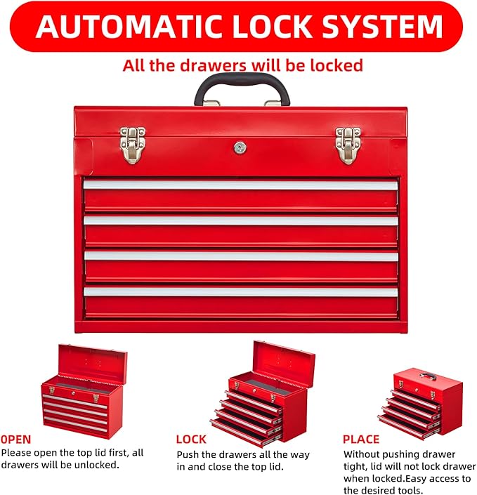 Metal Tool Box with 4 Drawers Portable Steel Tool Chest with Metal Cylinder Lock and Latch Closure, Liner, Red Powder Coating, Suitable for Garage, Warehouse and Outdoor Repair Job-Red