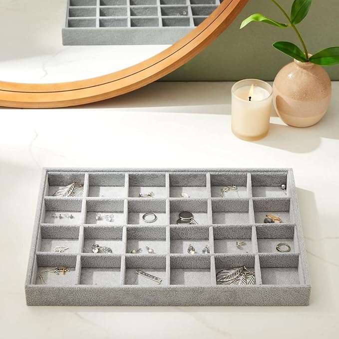 Juvale 2 Pack Velvet Jewelry Organizer Tray for Earrings, Stackable 24 Grid Storage for Rings (Gray, 14x10 in)