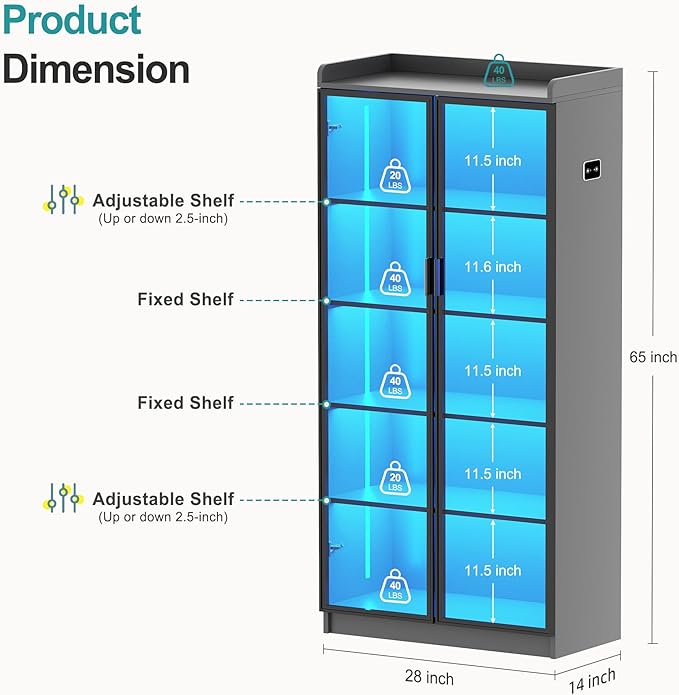 Lvifur 65" Display Cabinet with Lights, 5 Tier Curio Cabinets Bookcase with Adjustable Shelves, Tall Storage China-Cabinet with Human Body Induction for Living Room (Grey)