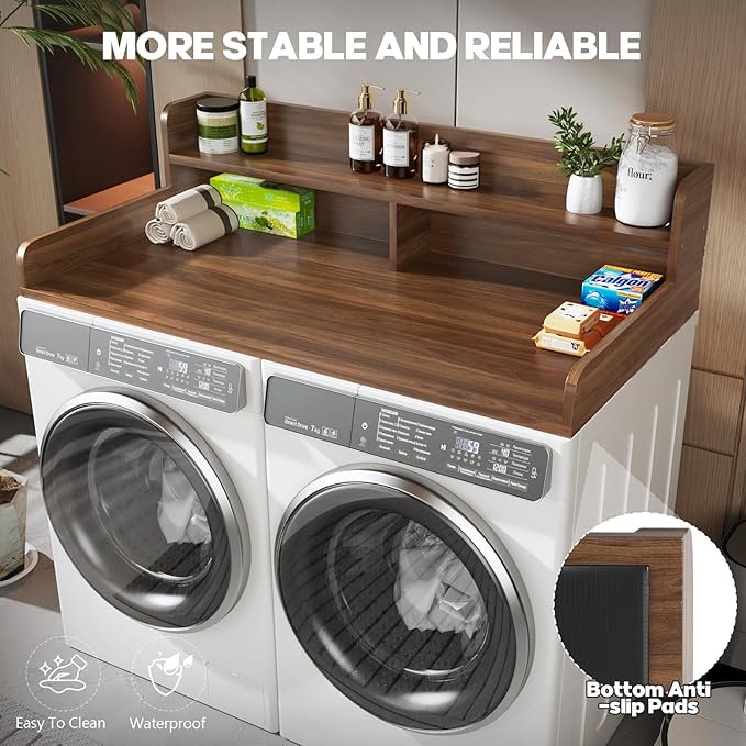 2-Tier Washer and Dryer Countertop with 2.75" H Guard,54" W x 27.5" D Laundry Countertop Cover with Non-Slip Pad,Large Space Laundry Topper for Folding Clothes Over Washer and Dryer-Dark Walnut