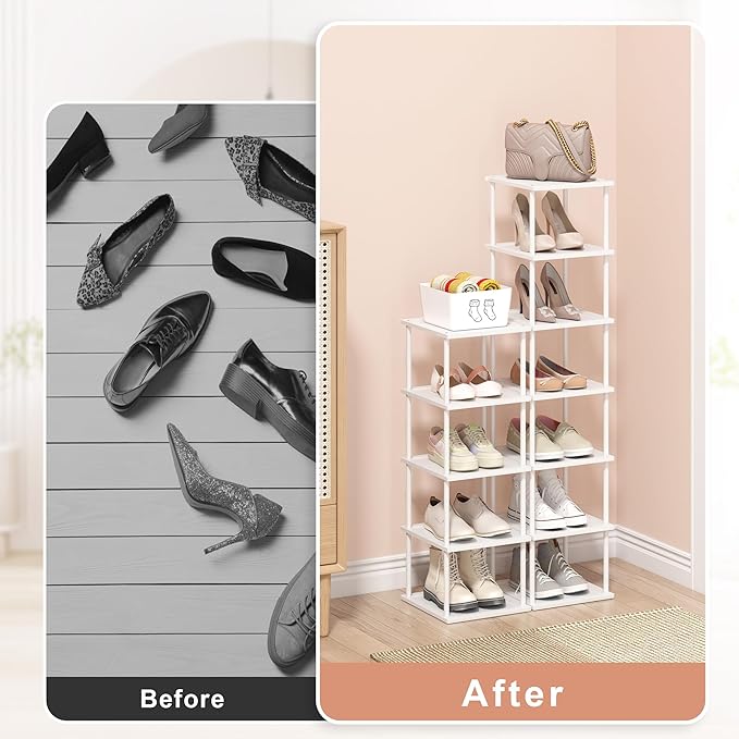 Bamboo Free Standing Shoe Rack Shelf Multi Tier Tall Wooden Stackable Shoes Rack Organizer for Closet Front Door Entrance Narrow Vertical Shoe Storage Rack for Corner Stand (White, 12 Tiers)