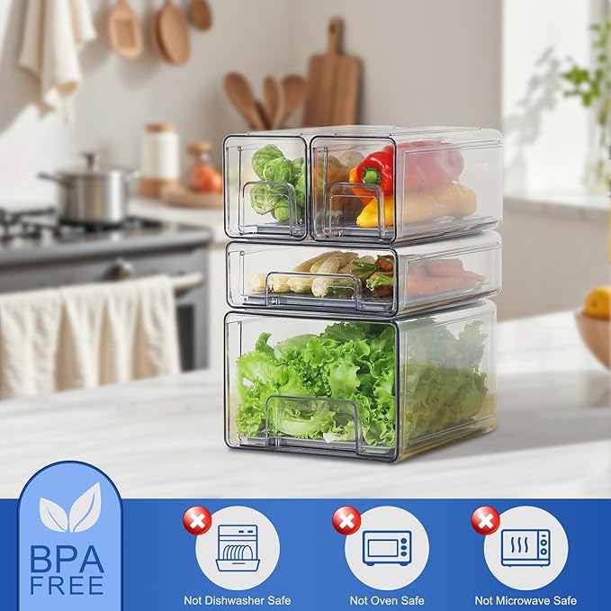 Plastic Clear Fridge Storage Organizer with Drawers & Drainer - Stackable Bins for Kitchen Fruit & Veggie Organization (2PCS, Medium)