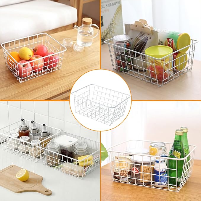 4 Pack White Wire Baskets for Organizing Office Wire Storage Basket White Metal Storage Baskets for Pantry Kitchen Bins Freezer