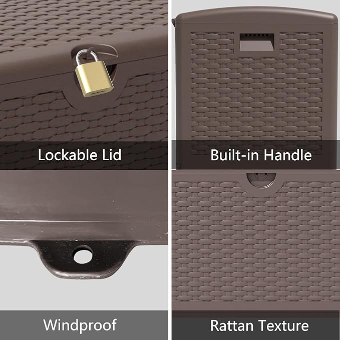 80 Plus Gallon Resin Deck Box, Waterproof Outdoor Storage Box for Patio, Poolside, and Garden, Lockable UV-Resistant Storage Bin Bench Cabinet for Small Spaces, Brown