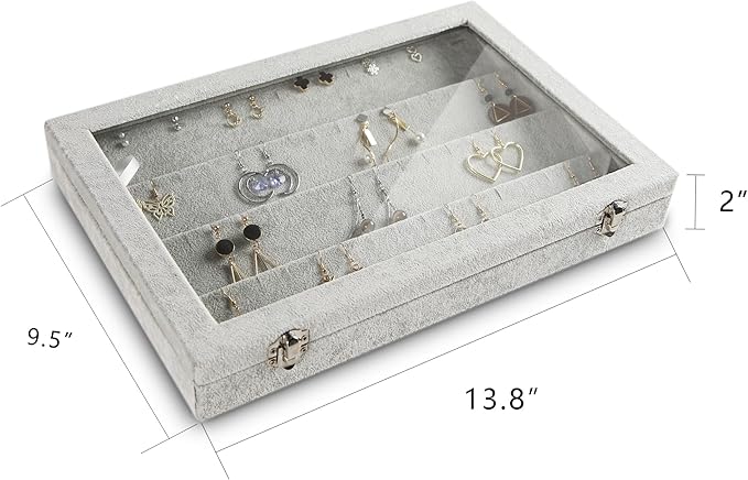 Frebeauty Earring Organizer Tray with Clear Lid 64 Slots Velvet Drawer Insert Earring Storage box with Transparent Glass lid Jewelry Display Case with lock Gifts for Girls Women (Grey, Earrings)