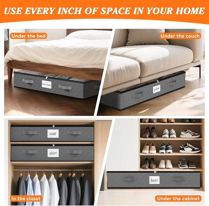 SpaceWhisper 90L Under Bed Storage Containers, 8-Pack Storage Bins with Clear Top, Foldable Closet Organizers and Storage with Label Holder for Clothing, Blankets, Comforter & Pillows (Grey)