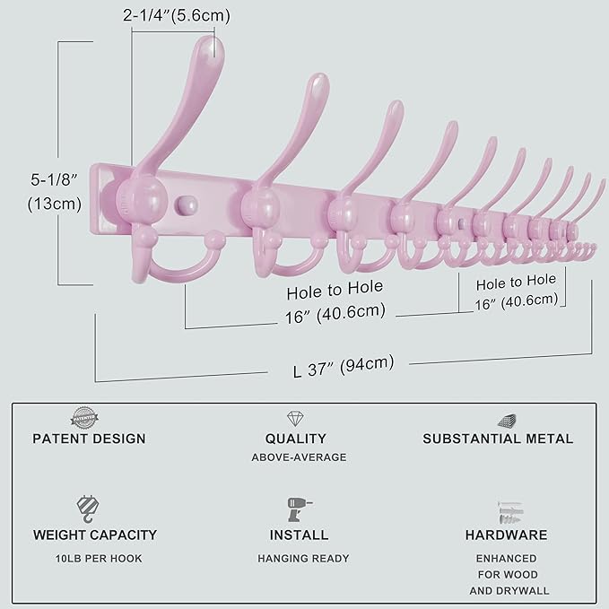 Dseap MaxStrong 2.0 Coat Rack Wall - 37” Long 10 Tri Hooks - Ultra Heavy-Duty Stainless Steel Wall Mount Coat Hanger, Hook Rail for Clothes Hats Jacket Towels Pink