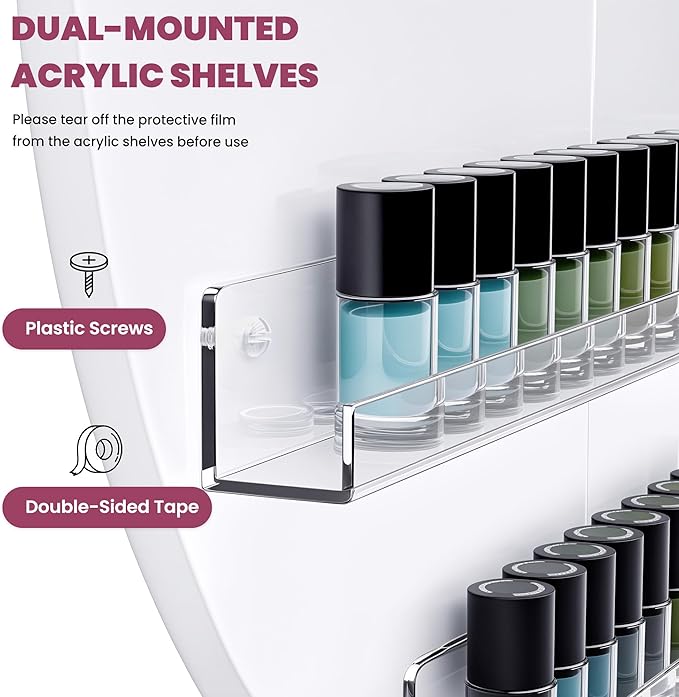 Wall Mount Nail Polish Organizer, Wood Nail Polish Rack w/Acrylic Barrier, 5-Tier Round Storage & Display Shelf, Perfume Essential Oil Bottles Holder, White