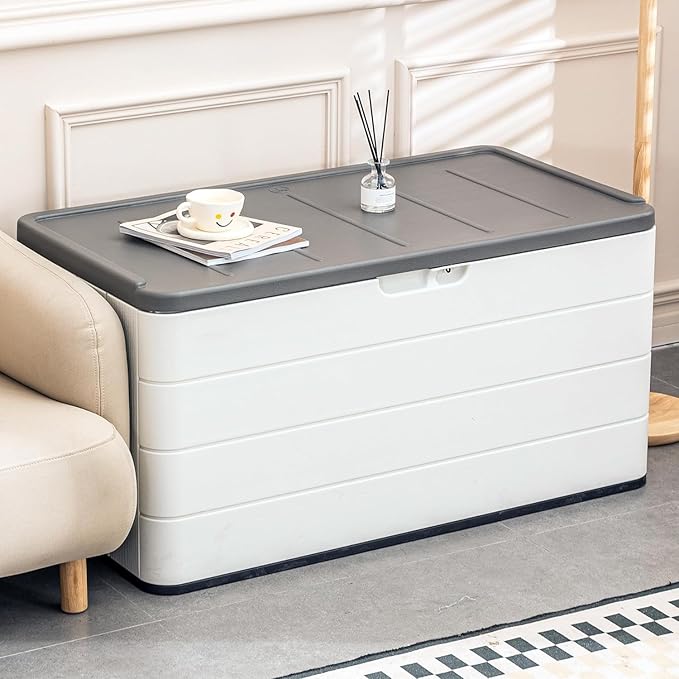 100 Gallon Plus Resin Deck Box, Waterproof Outdoor Storage Box for Patio Furniture, Garden Tools, and Pool Accessories, Lockable UV-Resistant Storage Bin Bench Cabinet for Outside, White