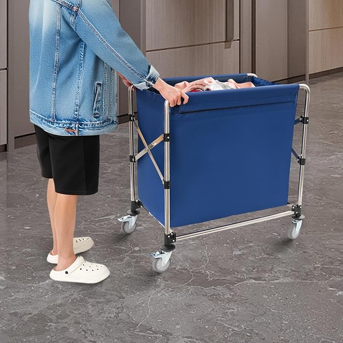 Commercial Laundry Cart with Wheels,Folding Laundry Hamper Cart,Heavy Duty Rolling Basket with Large Capacity,Sorter Trolley for Home Hotel Apartment (Blue, 34.25 * 19.7 * 36.22in)