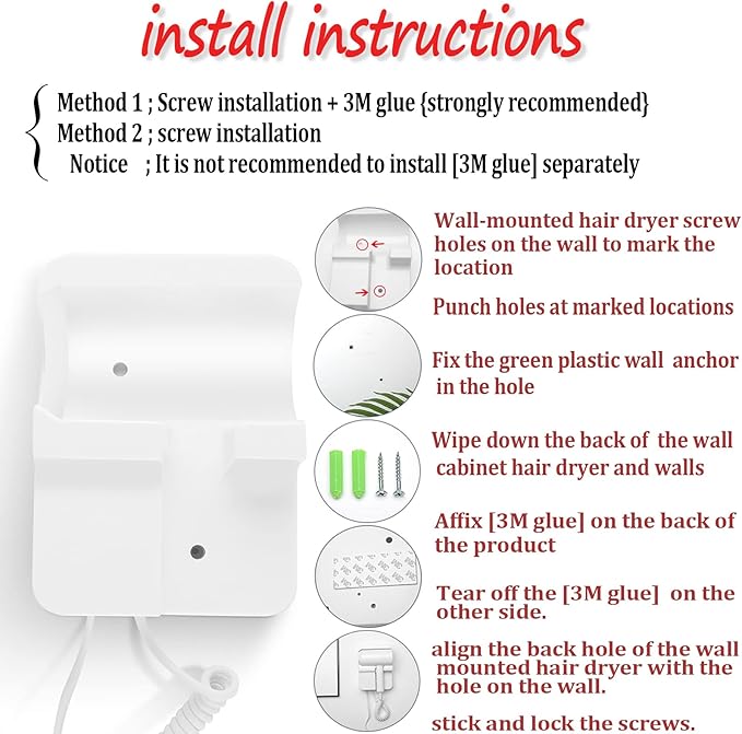Hotel Wall Mounted Hair Dryer for Bathroom,Restroom Professional Blow Dryer,with Stand Rack,Specialised Motor for Salon,Fast Drying - Gifts【Massage Comb,Screws+ Adhesive】 110V