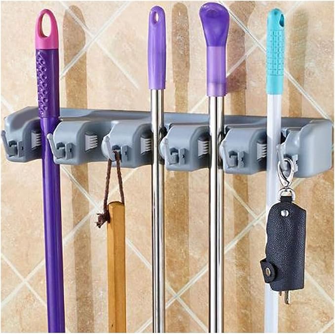 16 Inch Broom Holder Wall Mount with 6 Hooks, ABS Plastic Mop and Tool Organizer Rack for Garage Kitchen Laundry Room