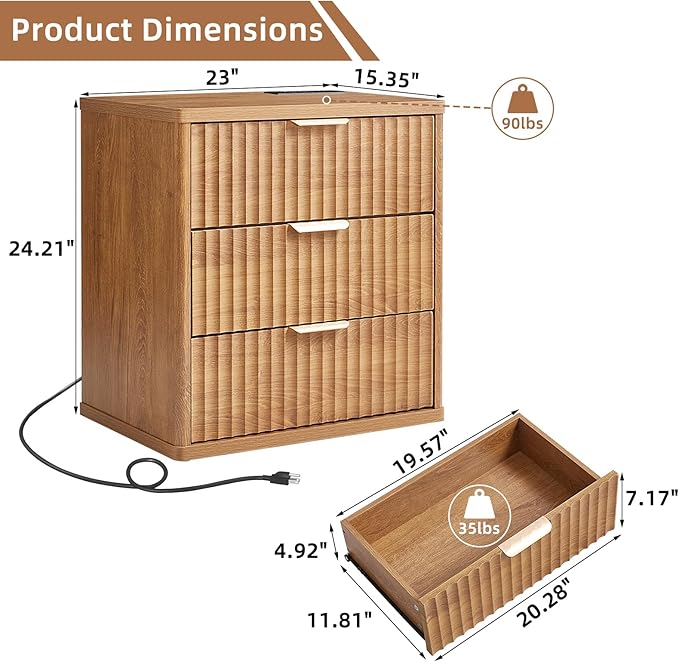 LEYAOYAO Fluted Nightstand with Charging Station, 23" Modern Night Stand with Woodgrain Top, 3 Drawers End Table w/Storage, Bedside Tables for Bedroom, Living Room, Curved Profile Design,Brown
