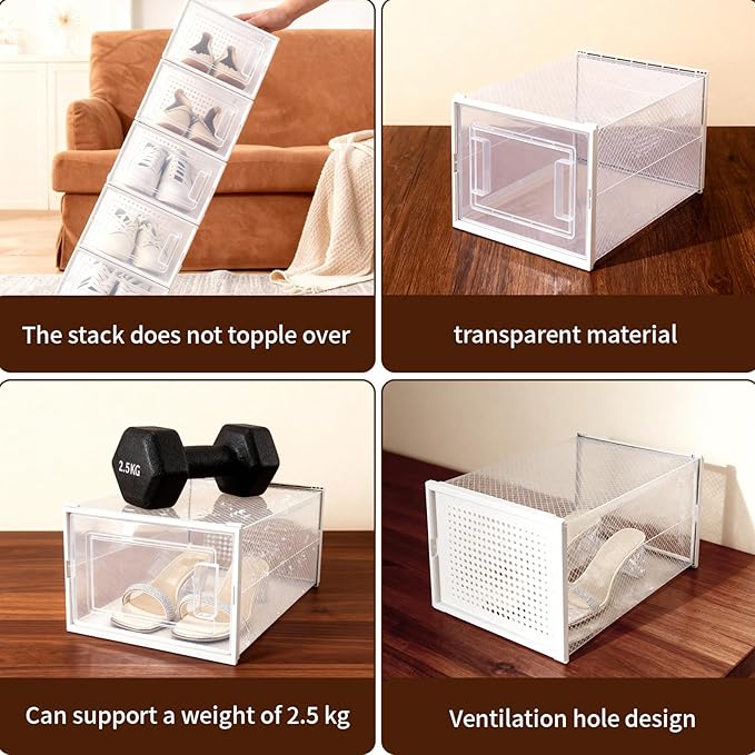 Shoe Boxes, Stack Without Toppling Modular storage boxes combine freely for use in closets, under beds, hallways, and entryways. Space-saving. (Transparent, 6 Pack)