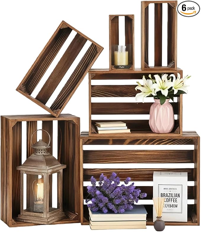 Set of 6 Decorative Wood Crates for Display, 6 Size Farmhouse Wooden Baskets Rustic Nesting Crates Decor Boxes with Handle for Storage, Container, Display, Christmas Decorations