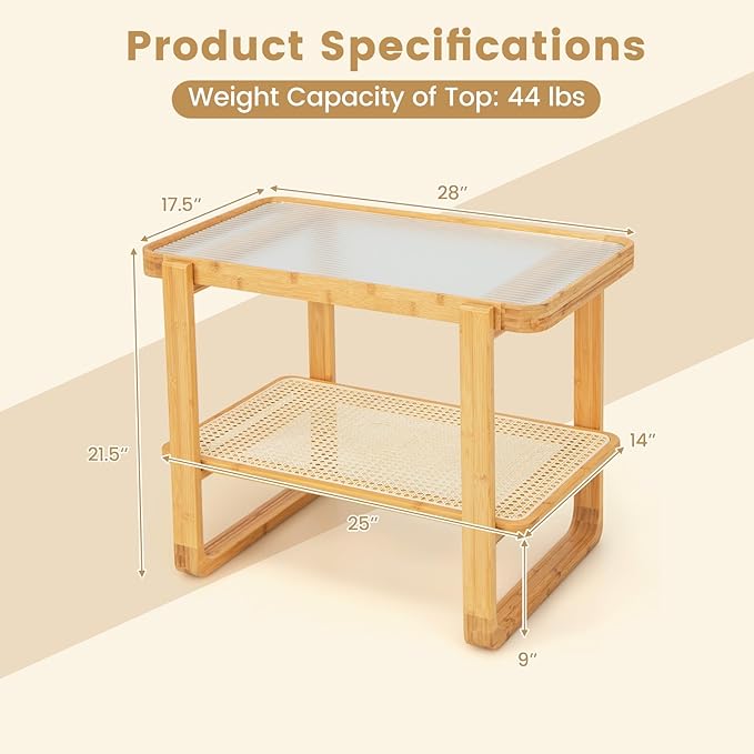GOFLAME Bamboo Side Table Set of 2 with Glass Top, 2-Tier End Table with PE Rattan Shelf, Ideal for Bedroom, Living Room