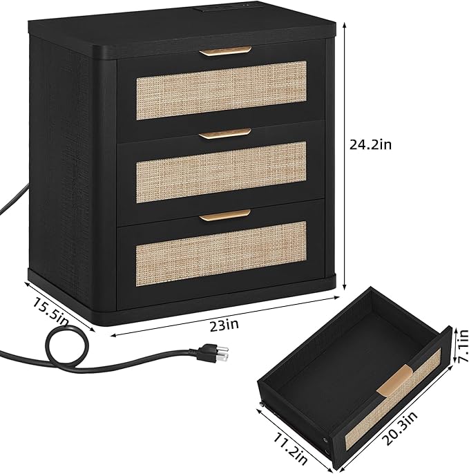 LEYAOYAO Rattan Night Stand with Charger Station, 23" Large 3 Drawer Boho Nightstand, Black Bedside Table Storage Cabinet, Bed Side End Tables for Bedroom, Living Room, Hallway
