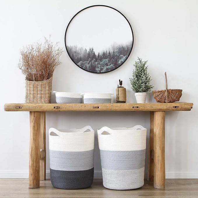Sea Team Large Size Cotton Rope Woven Storage Basket with Handles, Laundry Hamper, Fabric Bucket, Drum, Clothes Toys Organizer for Kid's Room, 20 x 14 inches, Round Open Design, White & Mottled Grey