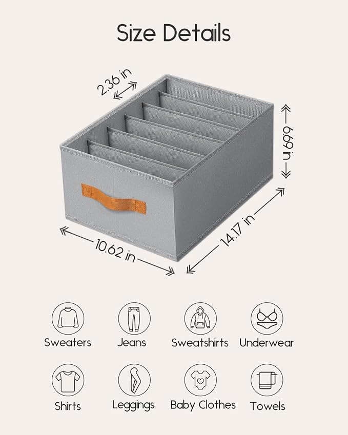 Closet Organizers and Storage - Fabric Clothes Organizer with Handles, Foldable Jeans Organizer for Clothes, Drawer Organizer for Shirts, Bra, Sweater, Scarf, 4 Pack, Grey