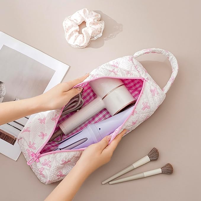 Quilted Hair Tools Travel Bag，Hair Styling Accessories Storage Case for Shark FlexStyle, Dyson Airwrap Hair Dryer, Curling Iron, Revlon Hair Tools，Portable and foldable(01Pink Bow)